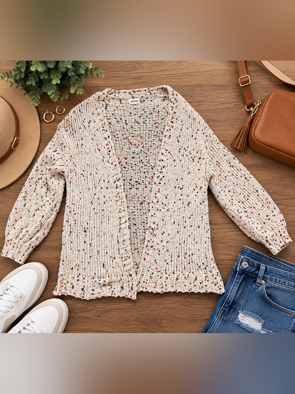 ADORA M/L Cream Confetti Speckled Chunky Knit Open Front Cardigan Sweater